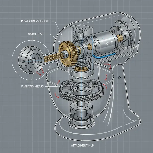 Diagram of a KitchenAid stand mixer's internal transmission showing the worm gear.