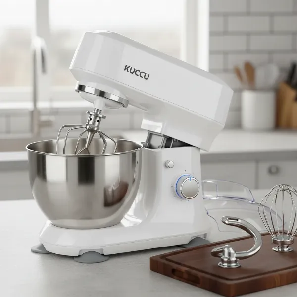 Kuccu 6.5-quart stand mixer with essential attachments, tilt-head design, and safety features.