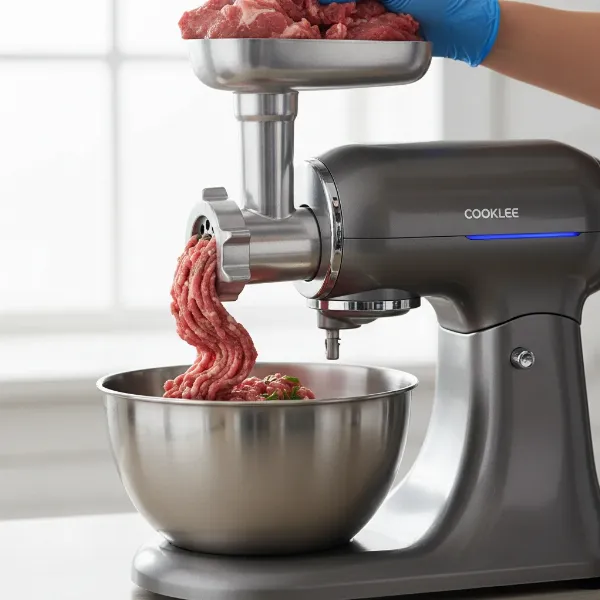 Kulees COOKLEE stand mixer with meat grinder attachment actively processing raw meat