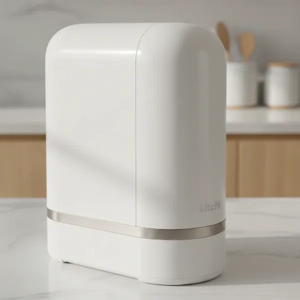 Close-up of Litchi stand mixer's lightweight plastic housing, showcasing its modern design.