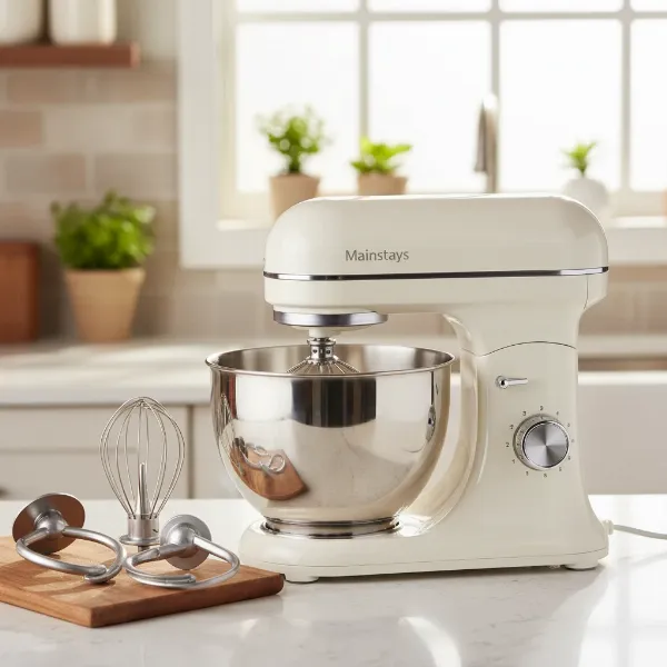 Mainstays stand mixer with stainless steel bowl and basic attachments in a modern kitchen.
