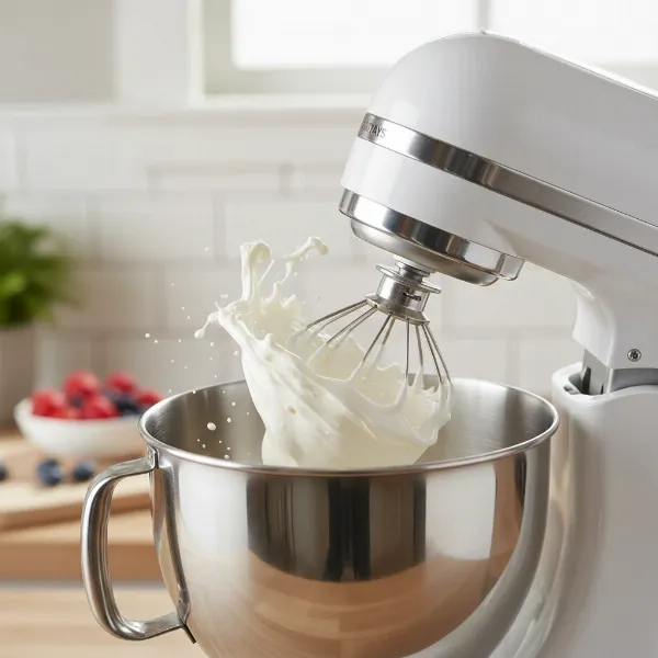 Entry-level Mainstays stand mixer actively whipping cream in a stainless steel bowl.