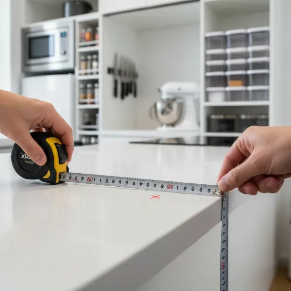 A person measuring countertop dimensions for a compact stand mixer in a small, modern kitchen.