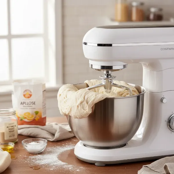 Stand mixer kneading a large batch of bread dough, showing its powerful motor in action