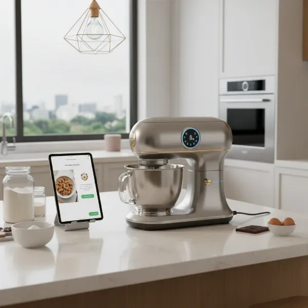 A high-end smart stand mixer in a contemporary kitchen setting, highlighting its advanced features.