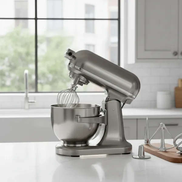 A silver modern stand mixer with different attachments, illustrating tilt-head and bowl-lift designs.