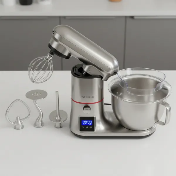 MURENKING stand mixer showcasing its versatile attachments and digital LCD timer.