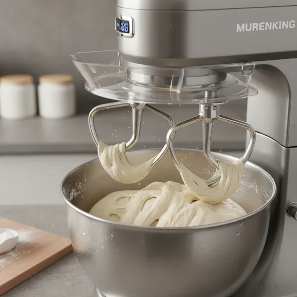 MURENKING stand mixer with double hook tech kneading bread dough efficiently.