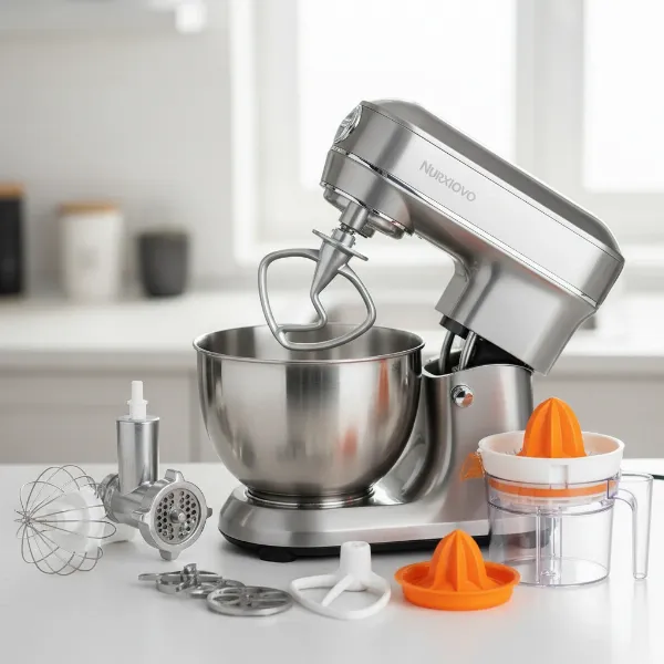 Close-up of Nurxiovo stand mixer with dough hook, whisk, beater, meat grinder, and juice extractor.