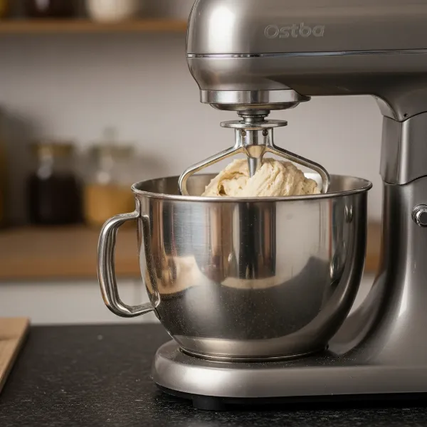 Ostba stand mixer powerfully kneading bread dough in its stainless steel bowl with a dough hook.