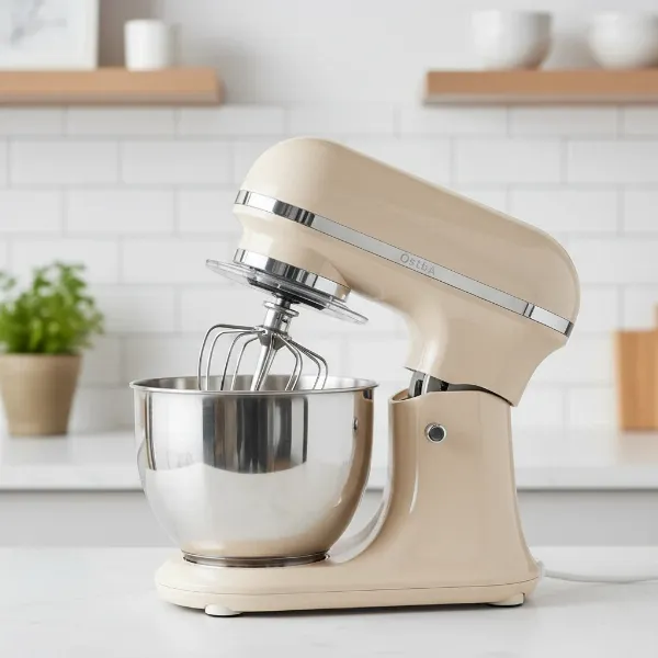 A modern Ostba stand mixer with a tilt-head design, stainless steel bowl, and sleek finish.