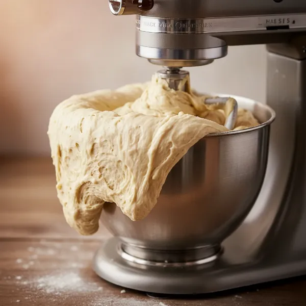 Stand mixer bowl overflowing with dense, stiff dough, highlighting the risk of motor strain.