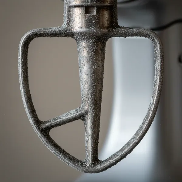 A grey, powdery oxidized aluminum stand mixer beater covered in residue.