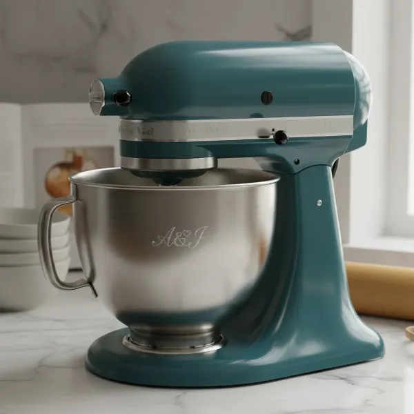 Stand mixer with personalized engraving on its trim band, reflecting the baker's unique style.