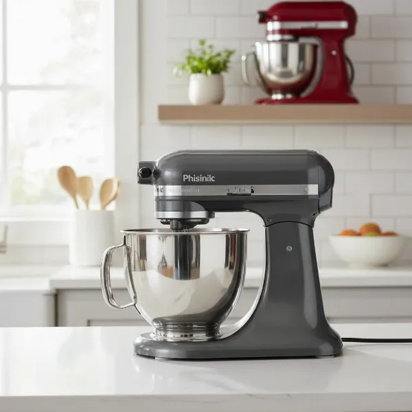 Phisinic stand mixer side-by-side with a KitchenAid mixer, highlighting design and size.