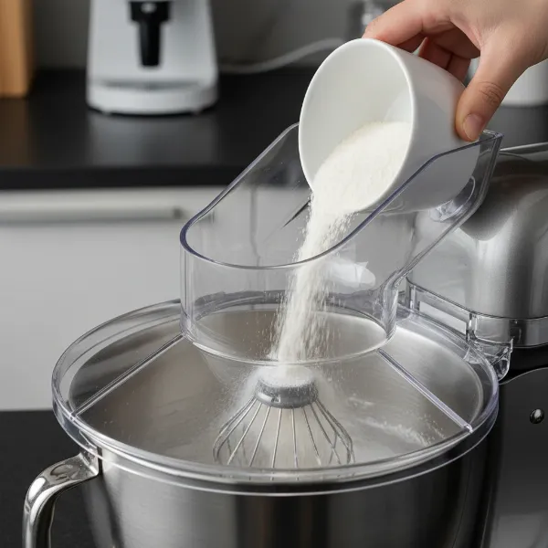 Close-up of a stand mixer splash guard with a transparent pouring chute for adding ingredients.