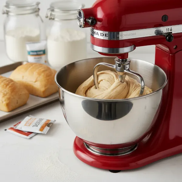 Robust stand mixer kneading thick bread dough hands-free in a large stainless steel bowl.