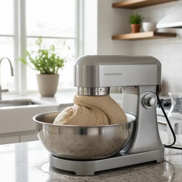 A powerful stand mixer with a high-torque motor kneading dense bread dough in a large bowl.