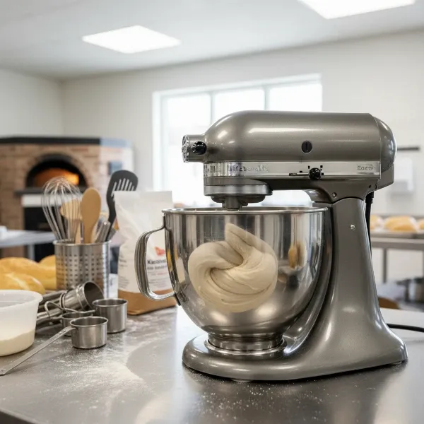 Powerful KitchenAid 7-quart bowl-lift stand mixer kneading heavy dough for a professional home bakery.