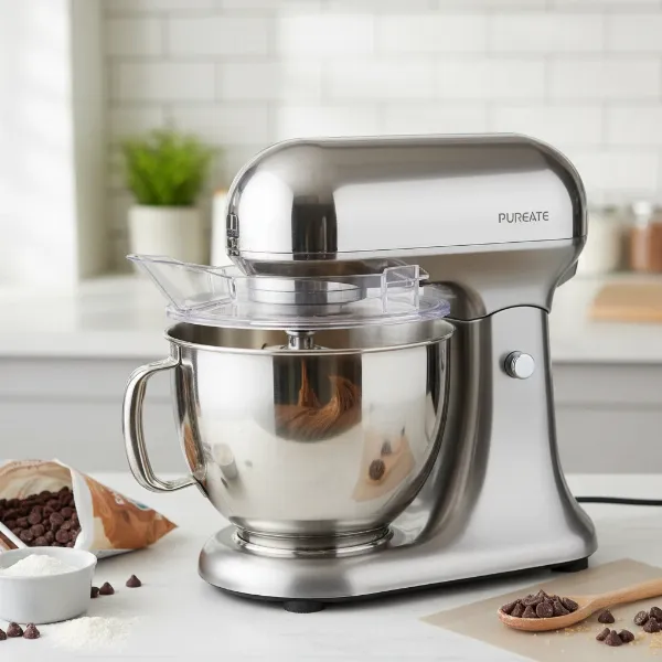 PUREATE stand mixer in action, mixing cookie dough with various attachments and splash guard.