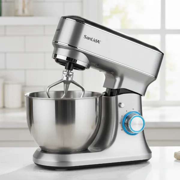 SanLidA stand mixer with its tilt-head design, displaying attachments and 10-speed control.