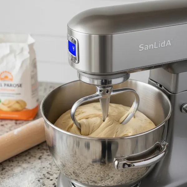 SanLidA 9.5-quart stand mixer kneading a large batch of bread dough efficiently.