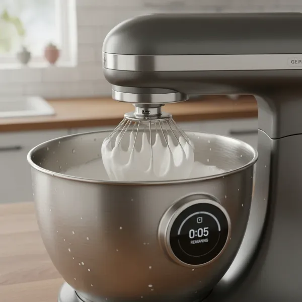 GE Profile Smart Mixer automatically whipping egg whites to stiff peaks using Auto Sense Technology.