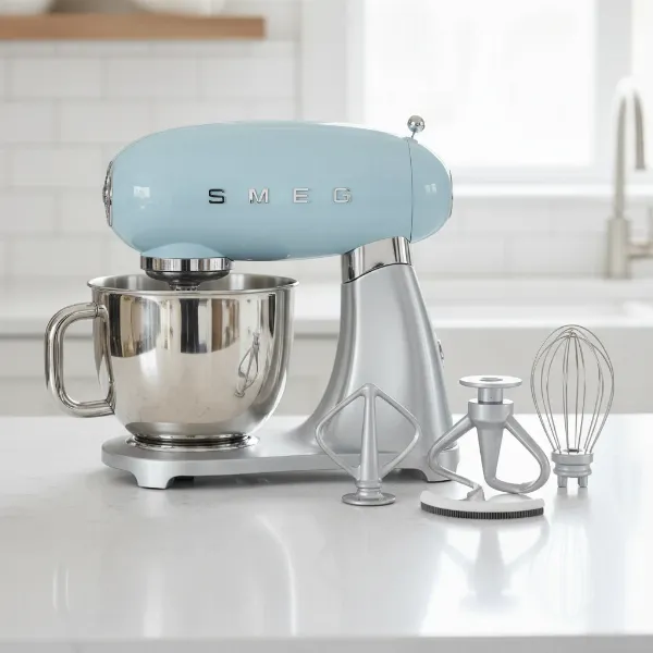 Smeg Retro Stand Mixer in a vibrant color with its stainless steel bowl, flat beater, whisk, and dough hook attachments.