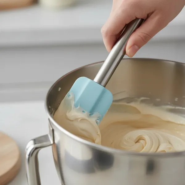A silicone spatula efficiently scraping batter from the curved side of a stand mixer bowl.