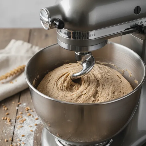 Spiral dough hook efficiently kneading dense, low-hydration dough in a bowl-lift mixer.
