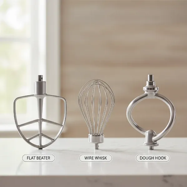Three common stand mixer attachments: a flat beater, a wire whisk, and a dough hook.