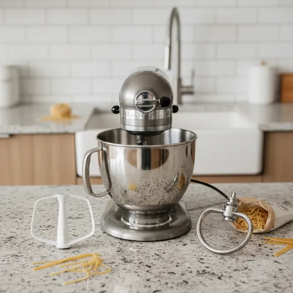 KitchenAid stand mixer with paddle and dough hook attachments for making fresh pasta dough