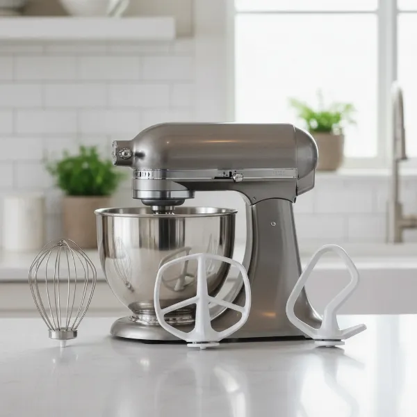 Three common stand mixer attachments: whisk, flat beater, and dough hook.