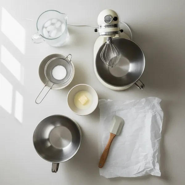 Essential tools for homemade butter, including stand mixer, whisk, strainer, and bowls.
