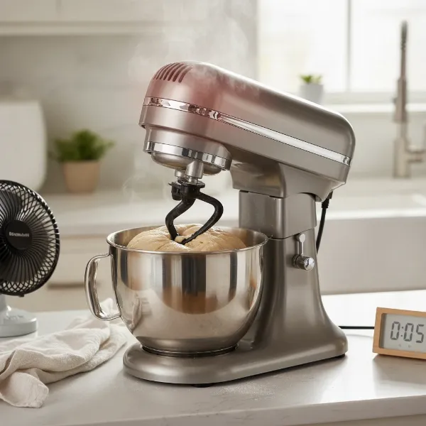 A stand mixer resting after kneading, with a focus on its motor cooling down to prevent overheating.