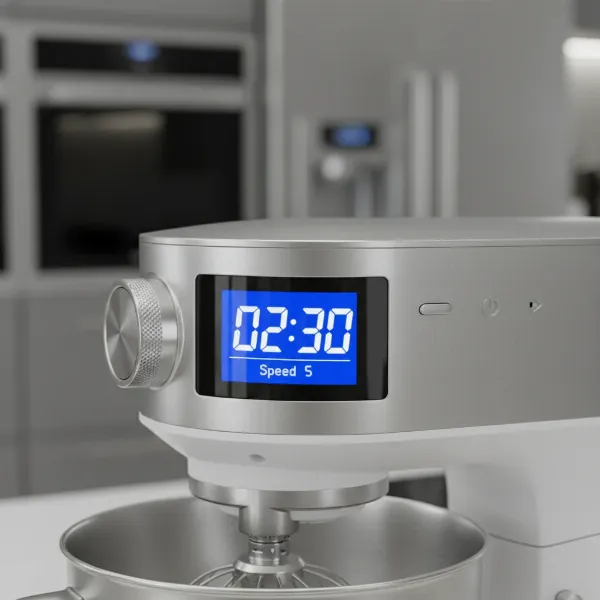 Close-up of a stand mixer's digital LCD timer displaying time and speed settings.