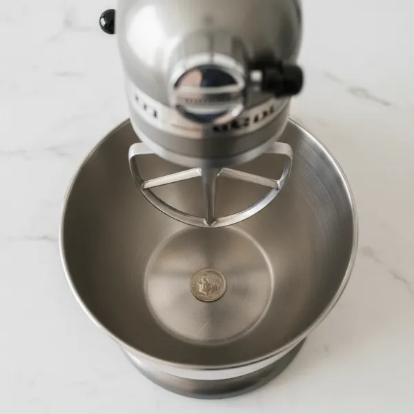 Stand mixer performing the dime test, showing a beater gently pushing a dime in a mixing bowl.
