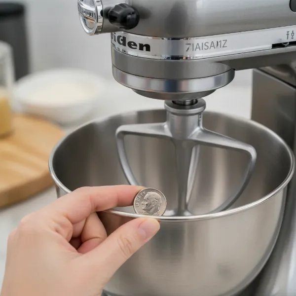 A hand performing the dime test on a stand mixer to check beater-to-bowl clearance.