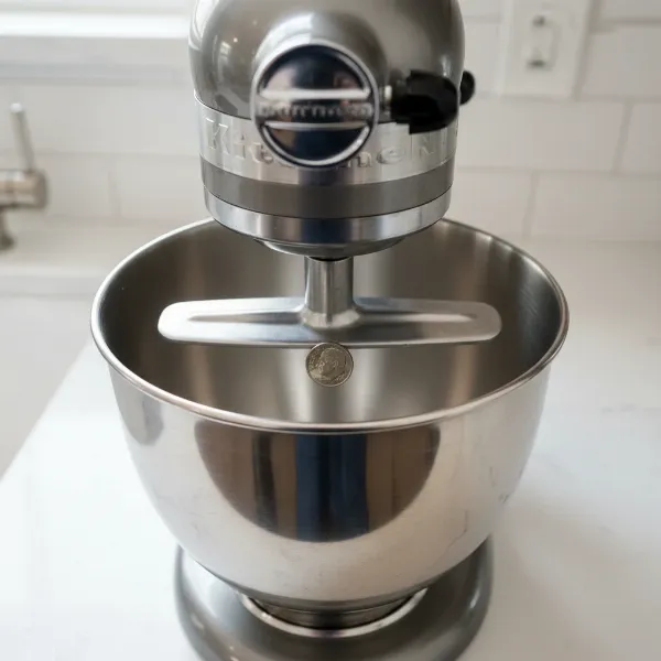 A stand mixer with a flat beater and a dime at the bottom, illustrating beater-to-bowl clearance.