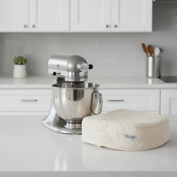 Pristine stand mixer on a kitchen counter with a dust cover ready for use.