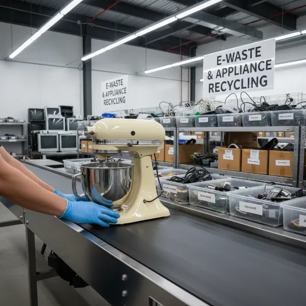 Person dropping off a broken stand mixer at an e-waste recycling center for proper processing.