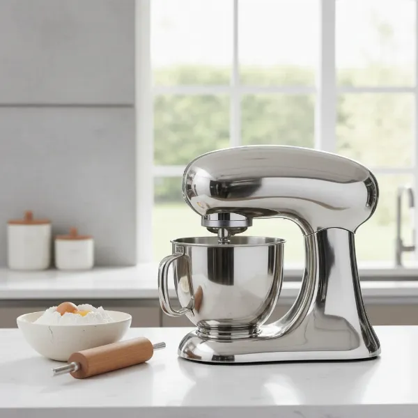 A modern stand mixer on a kitchen countertop, surrounded by baking ingredients.