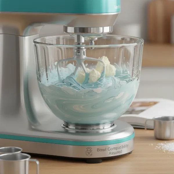 A stand mixer with a clear glass bowl, emphasizing the visual monitoring and aesthetic benefits.