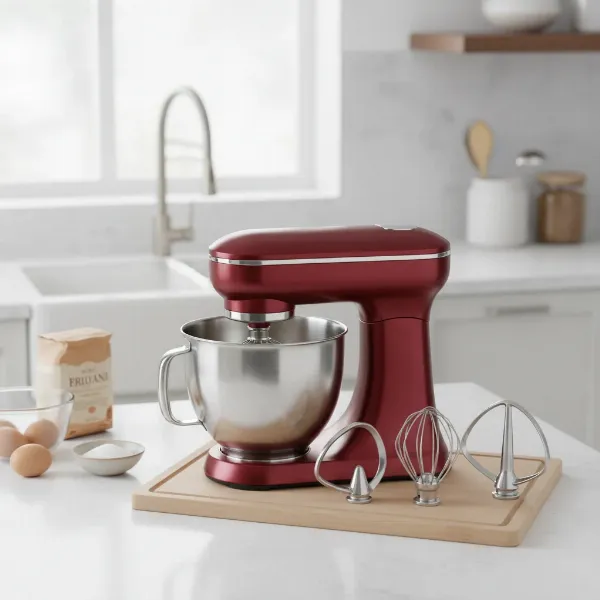 A modern stand mixer with various attachments for baking and cooking tasks.