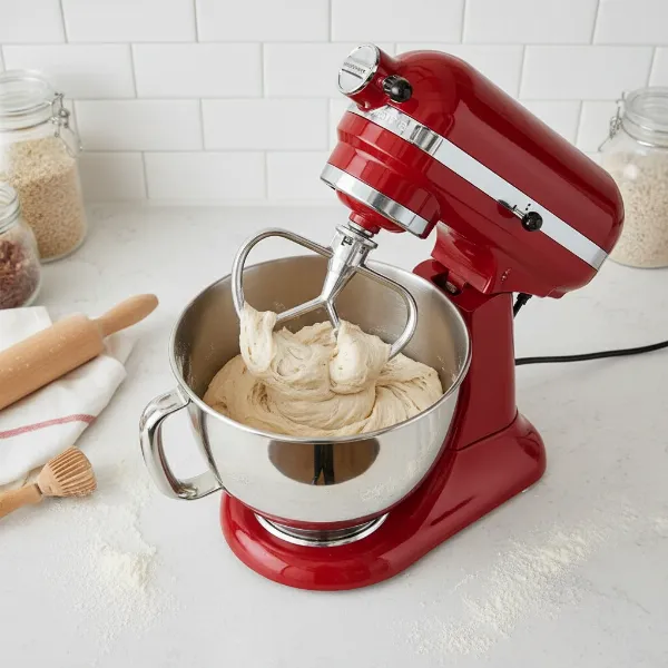 A powerful stand mixer with a DC motor kneading dense bread dough smoothly and efficiently.