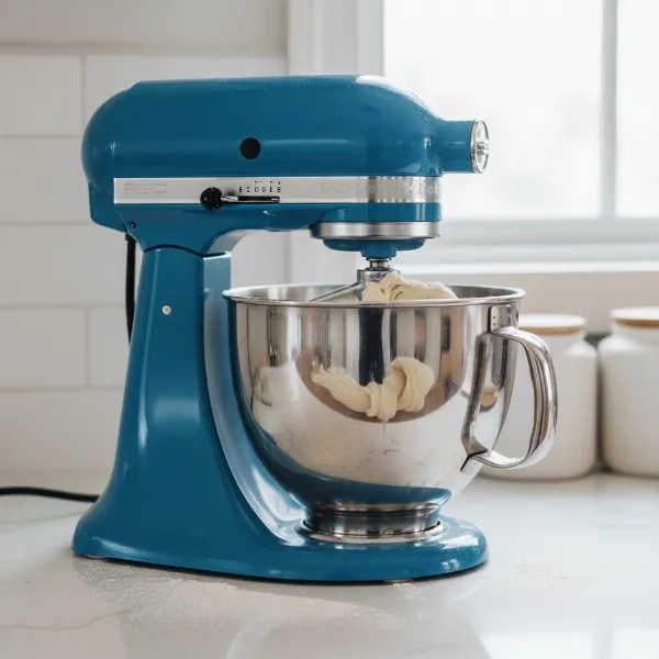 A stand mixer with a dough hook actively kneading bread dough in a stainless steel bowl.