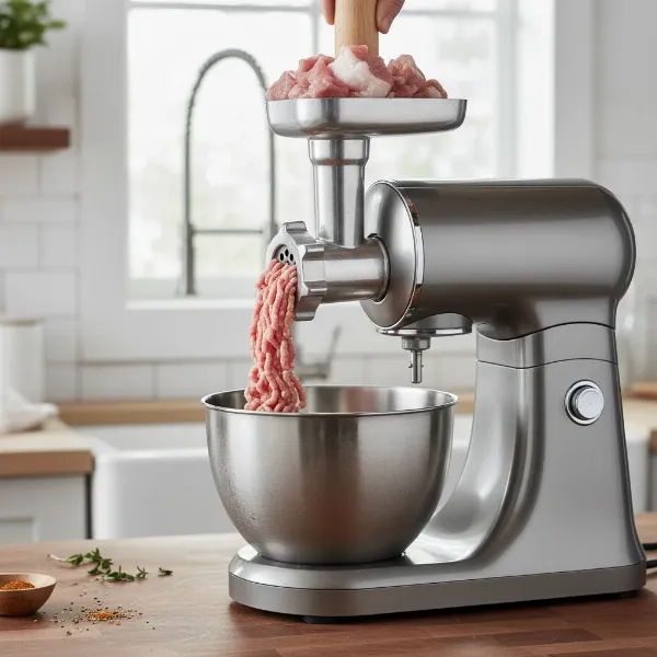 A stand mixer with a grinder attachment actively grinding fresh meat into a bowl.