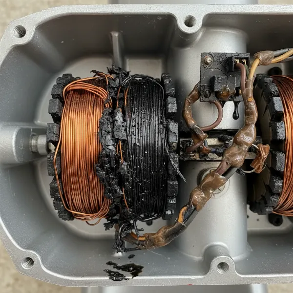Close-up of a damaged stand mixer motor with burnt windings and melted insulation, showing wear.