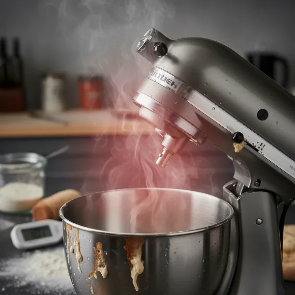 A stand mixer head that is excessively hot, with visible heat waves, indicating overheating.