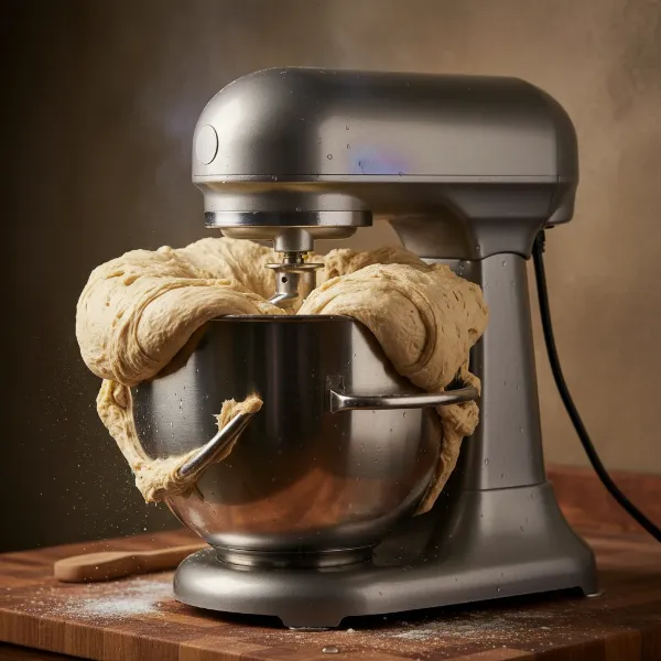 Stand mixer struggling with a large, stiff bread dough, motor housing showing heat.